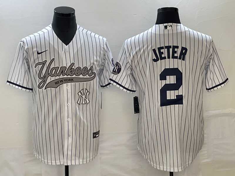 Mens New York Yankees #2 Derek Jeter White With Patch Cool Base Stitched Baseball Jersey